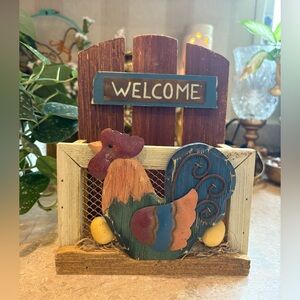 Welcome Wooden Rooster Caddy Mail/Recipe Holder